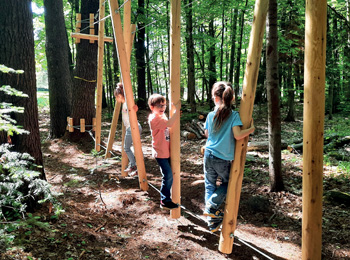 Des enfants qui jouent dans un parcours en forêt.