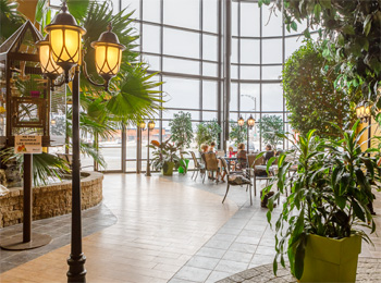 Entrée du jardin intérieur tropical et personnes assises à côté de la fenêtre panoramique.