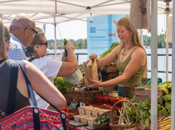 Kiosque de légumes au marché avec clients en ligne et marchande.