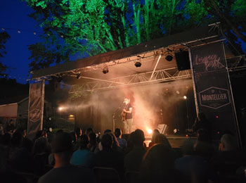 Scène avec artiste musical vue de la foule, en soirée.