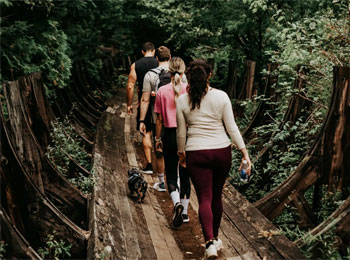 Groupe de personnes en train de marcher sur une vieille structure en bois au cœur de la forêt.