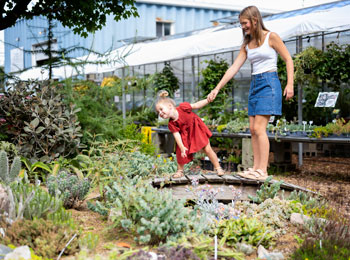 Deux jeunes filles en train d'observer un jardin de cactus et de plantes grasses.